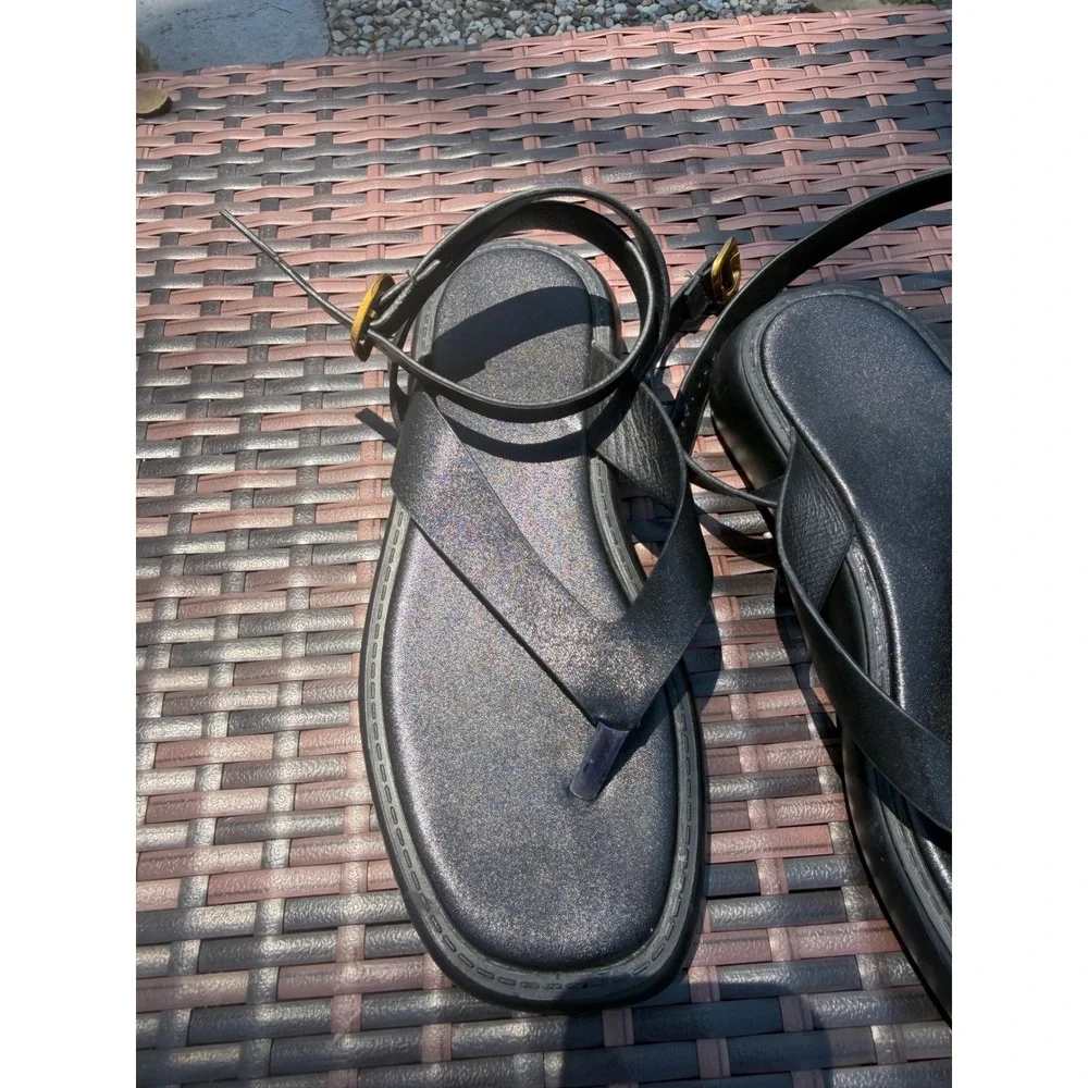 Black Iridescent Shimmer Platform Thong Sandals Ankle Strap Buckle EU 39 Womens